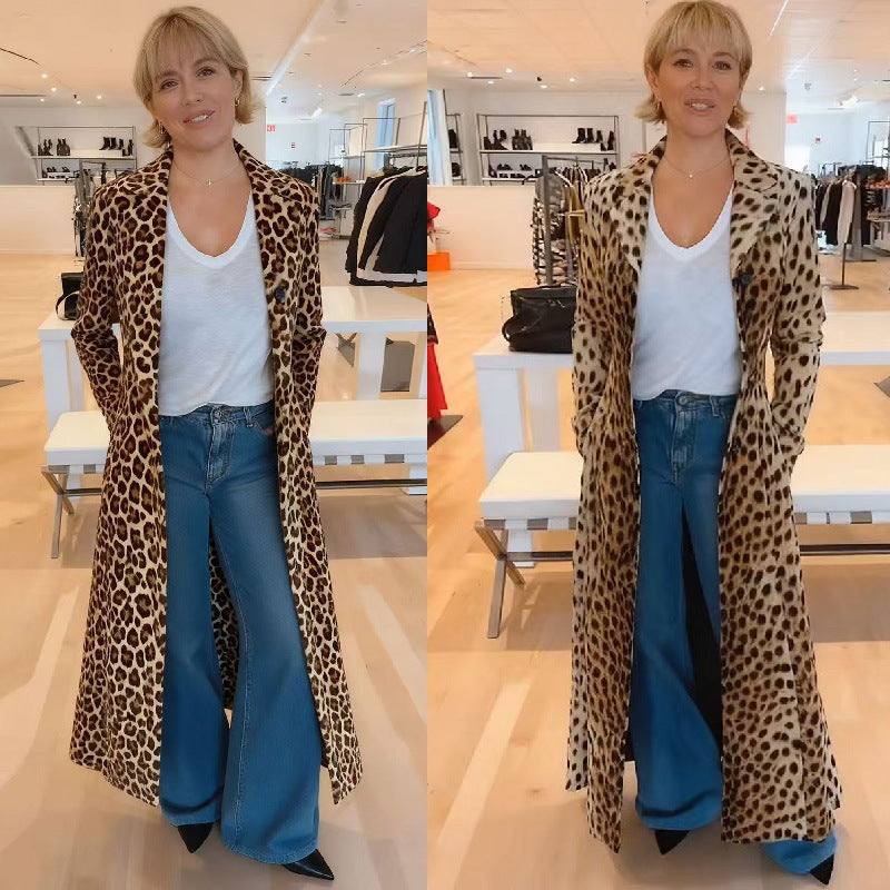 Leopard-print Casual Loose Blazer-style Cardigan Long Coat Trench Coat For Women