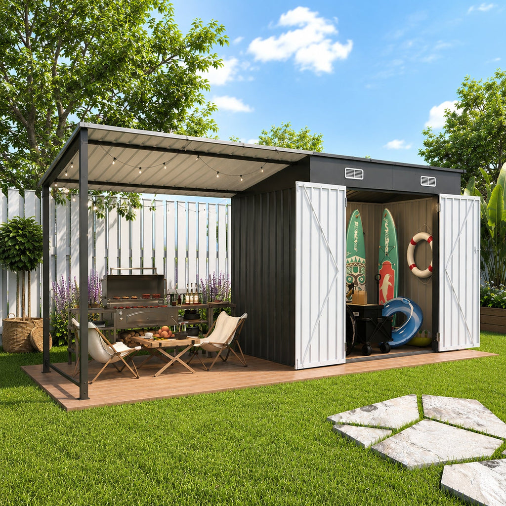 12x4 FT Metal Lean-To Shed with Pergola & Hardtop Gazebo Combo