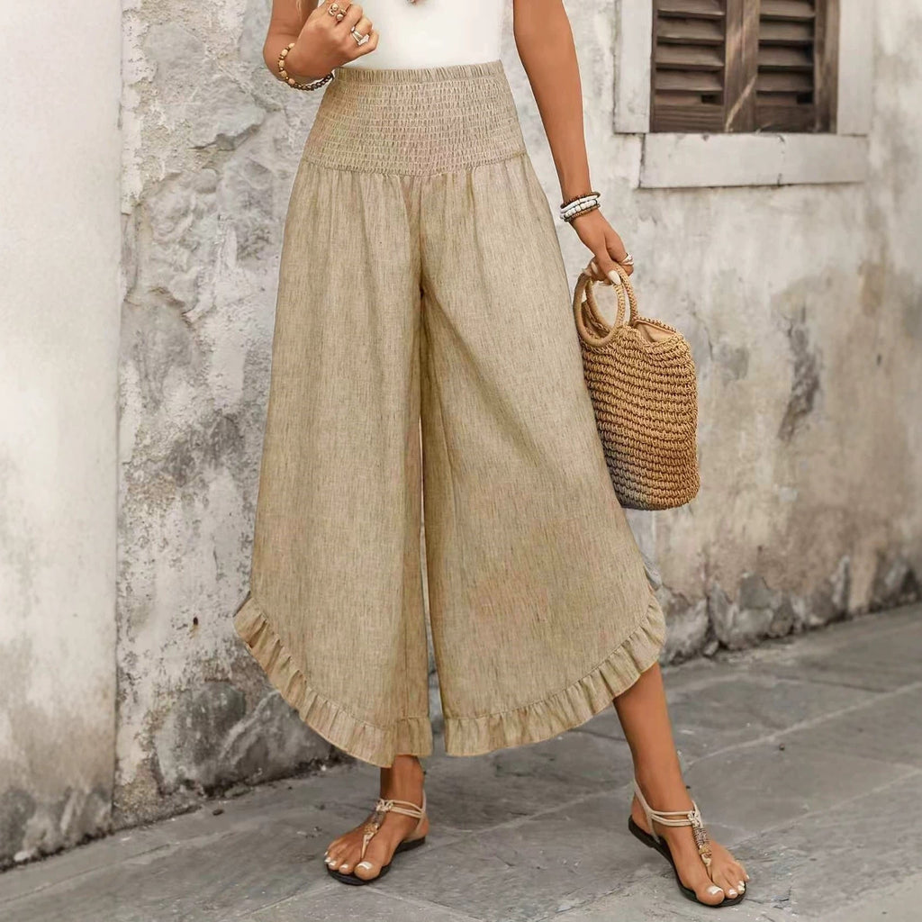 Solid-color Loose-fit, Ruched Elastic-waist Cropped Wide-leg Pants