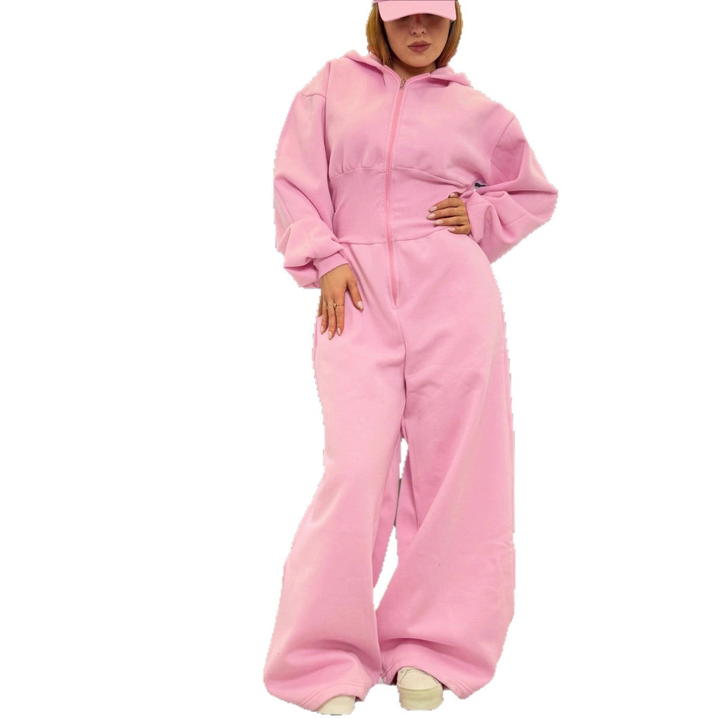 Hooded Zip-up Stretch-waist Jumpsuit