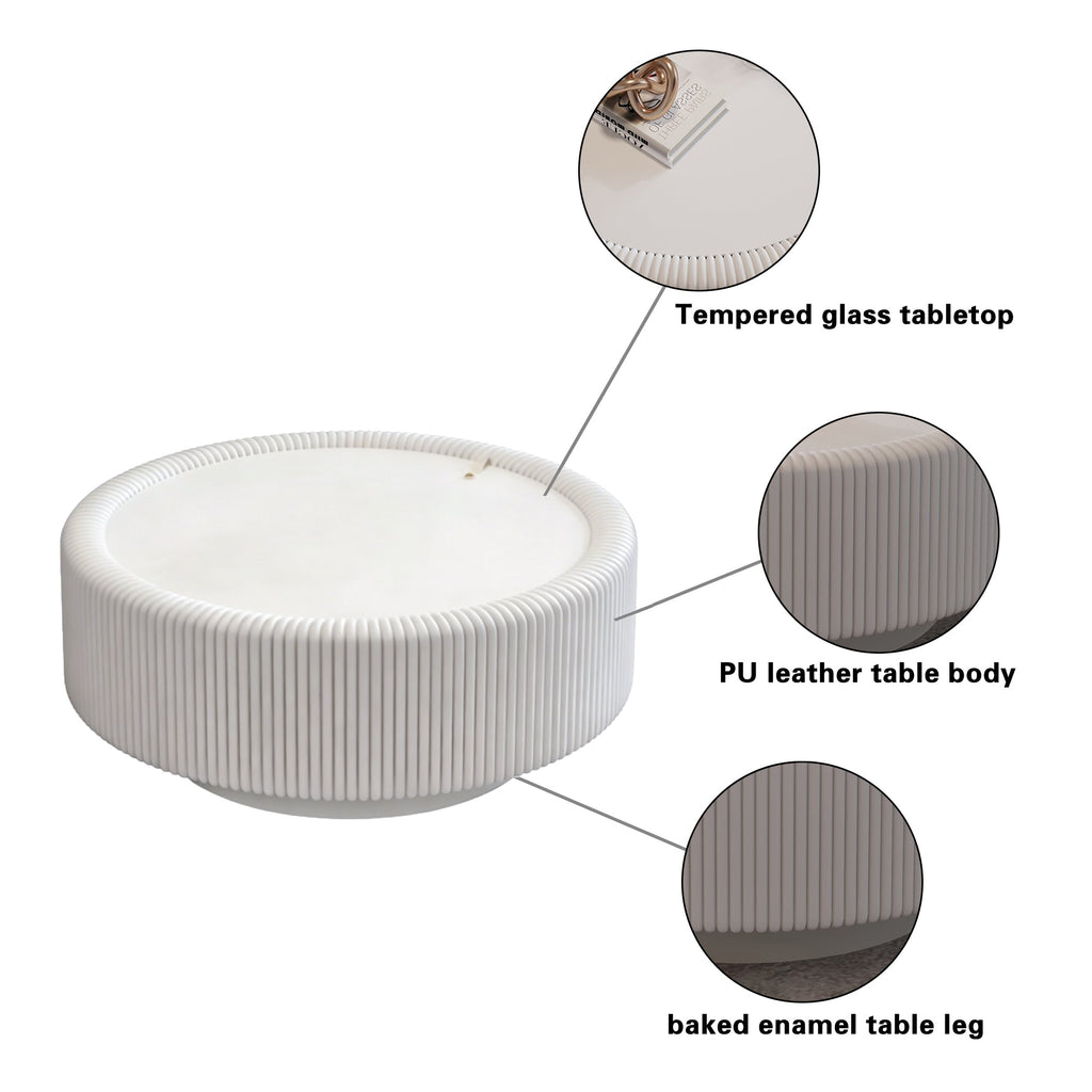 White Round Fluted Coffee Table with Hidden Storage