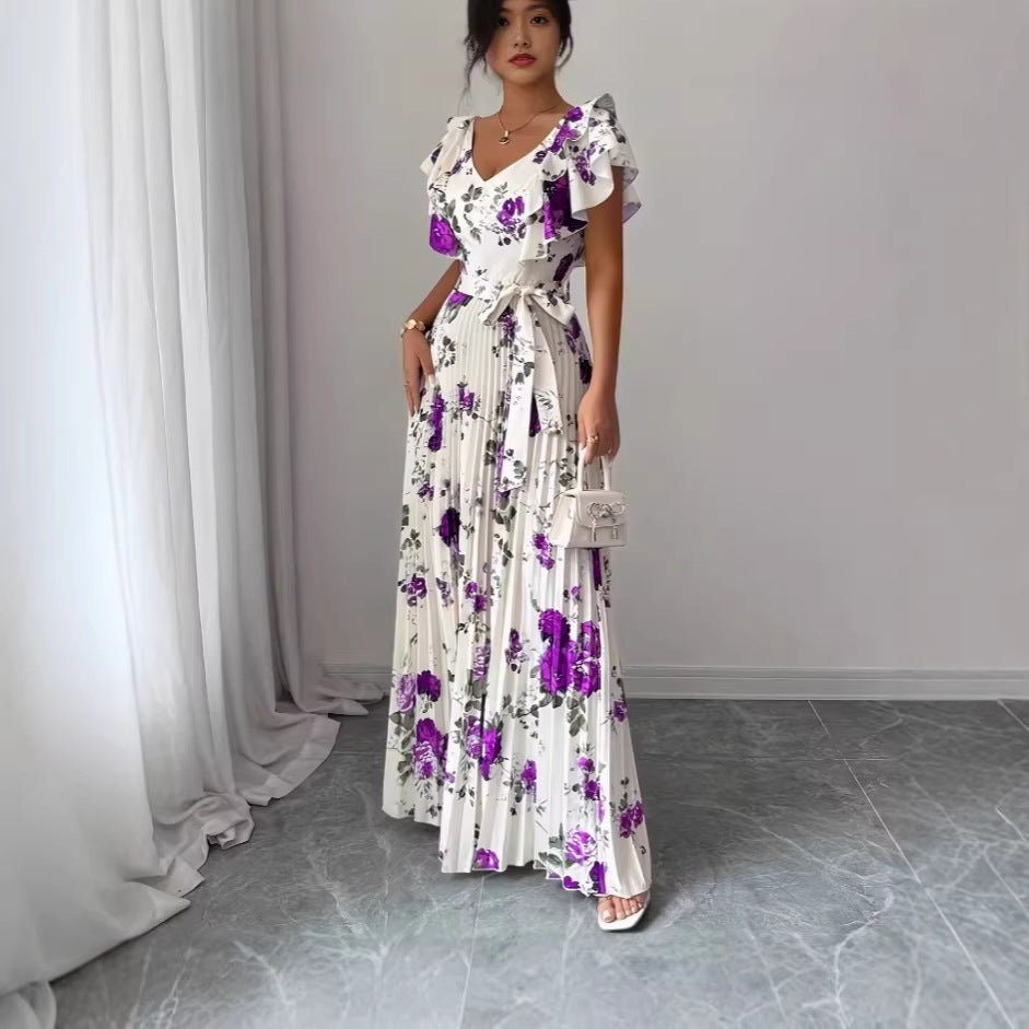 Women's V-neck Printed Ruffle A-line Dress