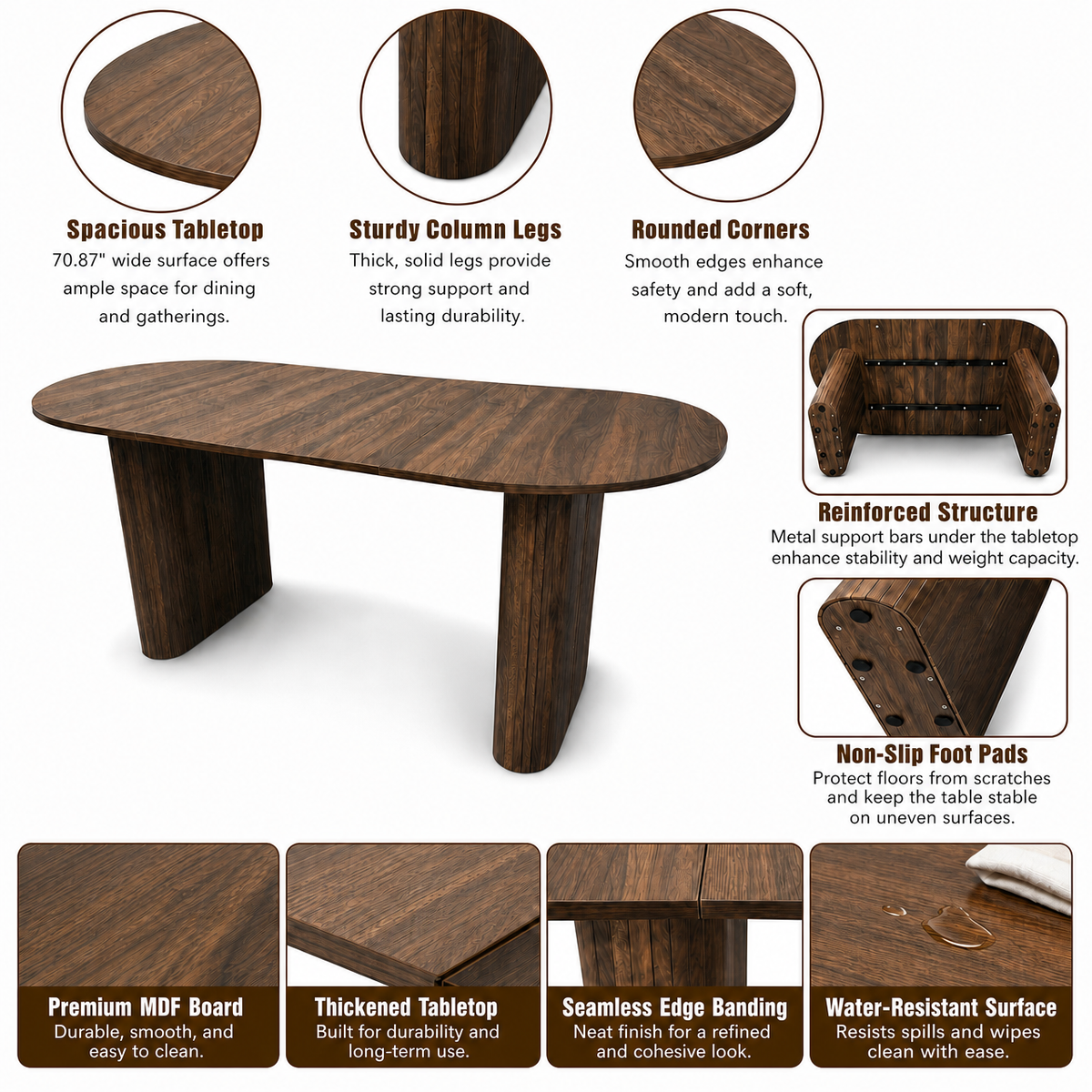 70.8" Oval Kitchen Dining Table in Walnut