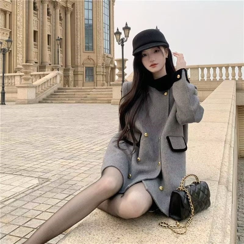 Womens Wool Coat Color-blocked Stand-up Collar Short Style