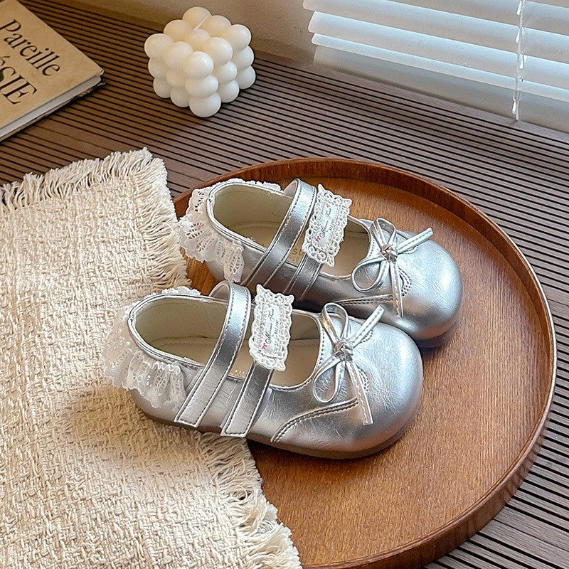 2026 Summer New Girls Mary Jane Shoes, Lace Trim Bow Decor Soft Sole Non-slip Kids Leather Fashion Flats