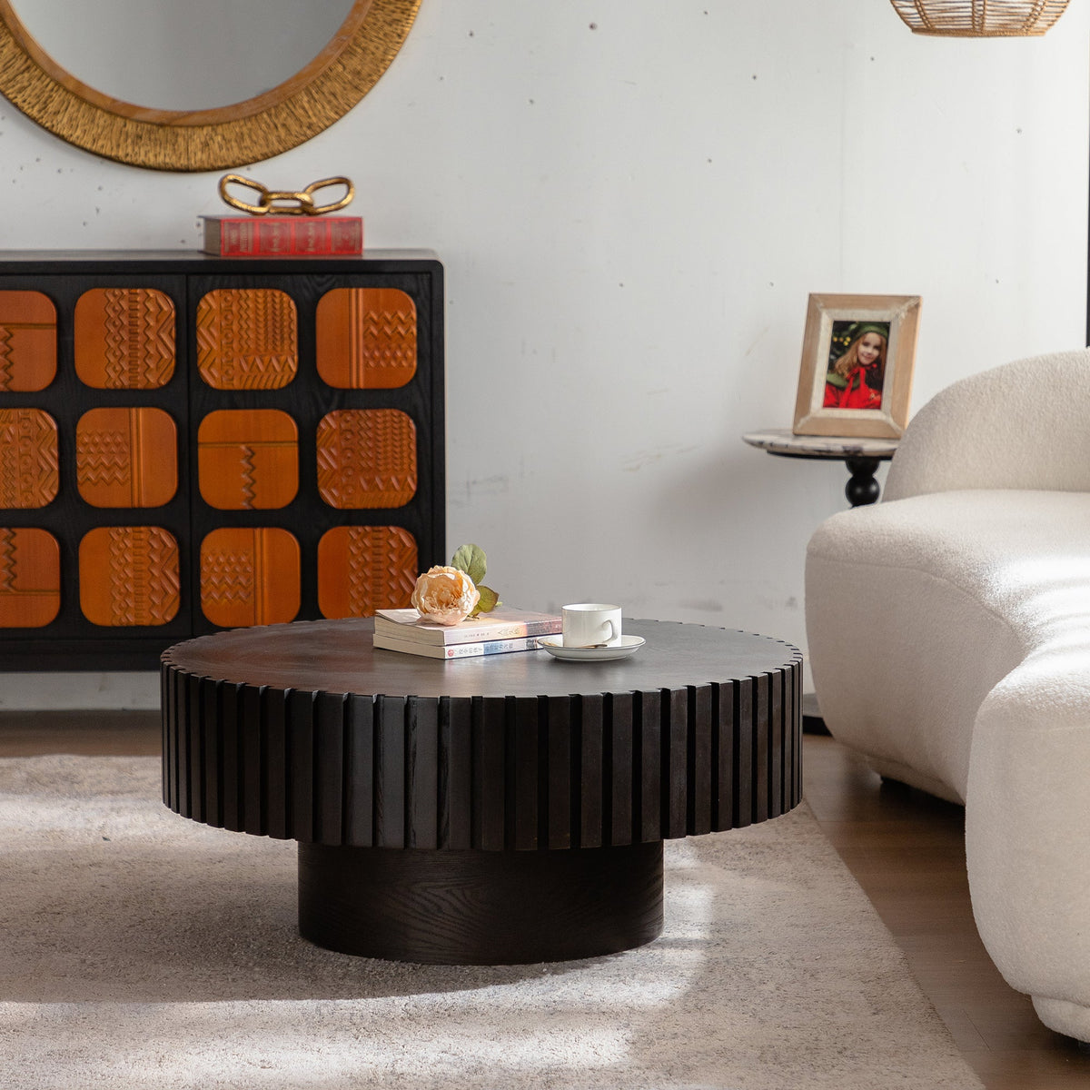 Round Coffee Table with Handcrafted Relief