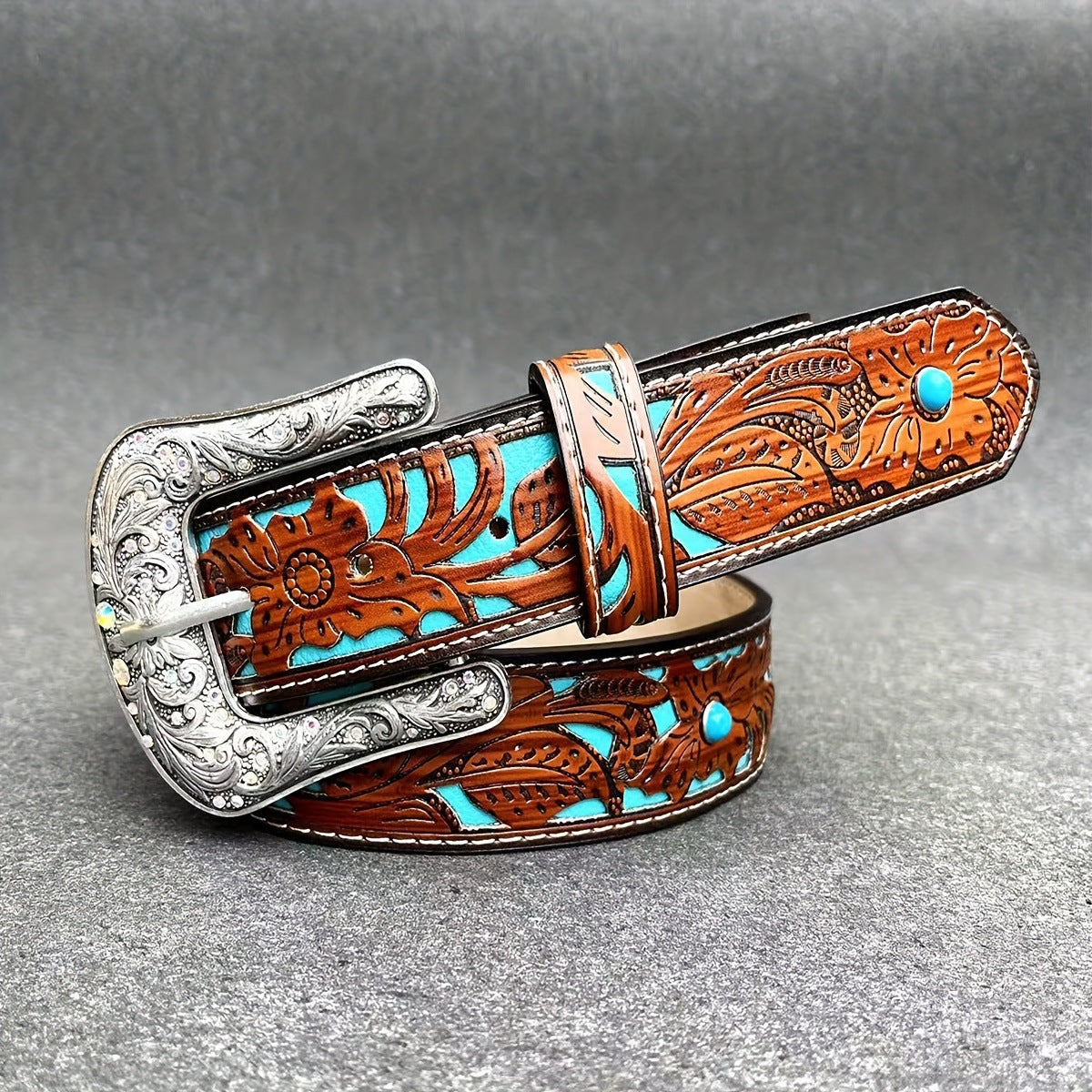 Versatile Spring, Summer, Autumn, And Winter New European And American Western Style Carved Belt, Can Be Paired With Jeans, Leather Belt, Turquoise