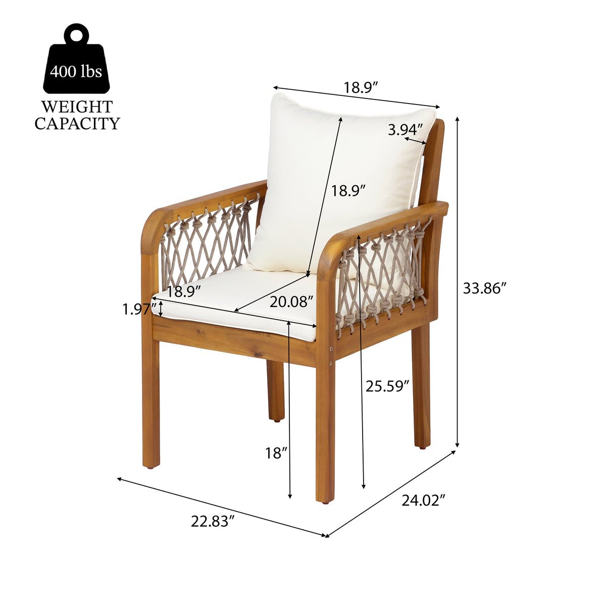 Outdoor Patio Acacia Wood Chairs With Woven Rope Arms