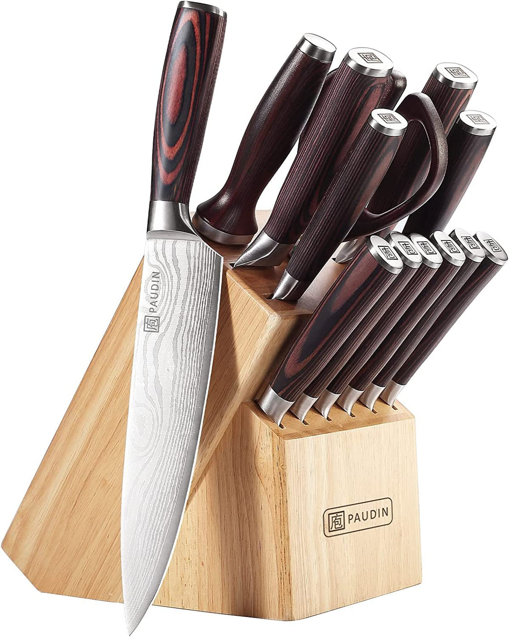 PAUDIN Kitchen Knife Set with Block 14 Pieces Knife Sets for Kitchen with Block High Carbon German Stainless Steel Sharp Chef Knife Set with Ergonomic Pakkawood Handle