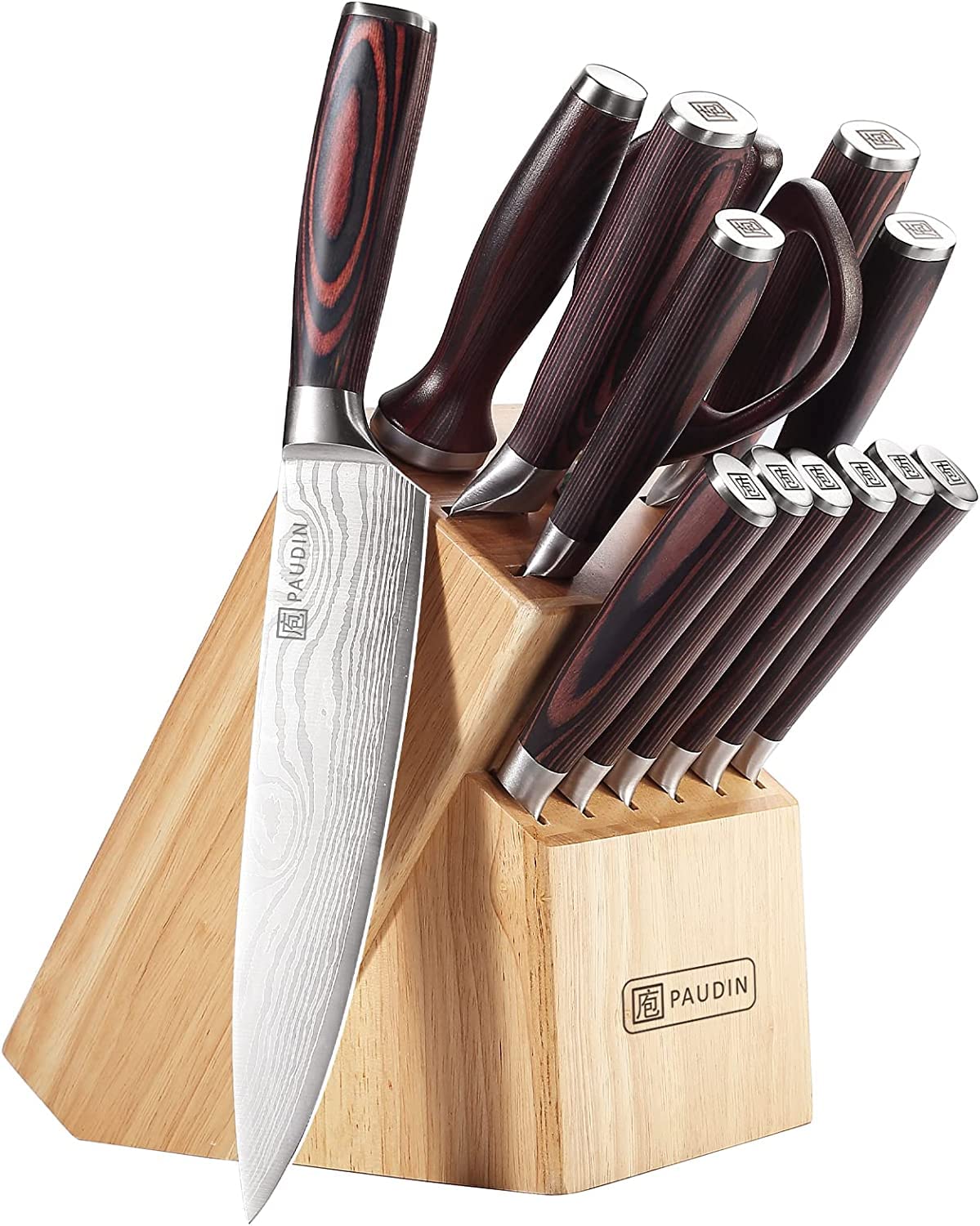 PAUDIN Kitchen Knife Set with Block 14 Pieces Knife Sets for Kitchen with Block High Carbon German Stainless Steel Sharp Chef Knife Set with Ergonomic Pakkawood Handle