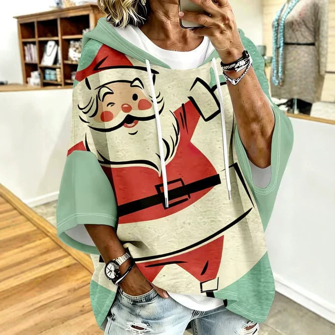 Womens Retro-Print Hoodie With Drawstring And Three-Quarter Sleeves