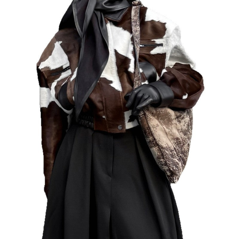 Street-style Hoodless Versatile Short Cow-print Jacket