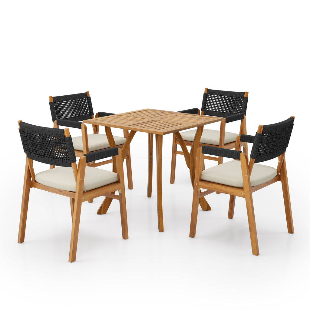 Outdoor 5 Pieces Rustic Patio Acacia Bistro Set with Cushions
