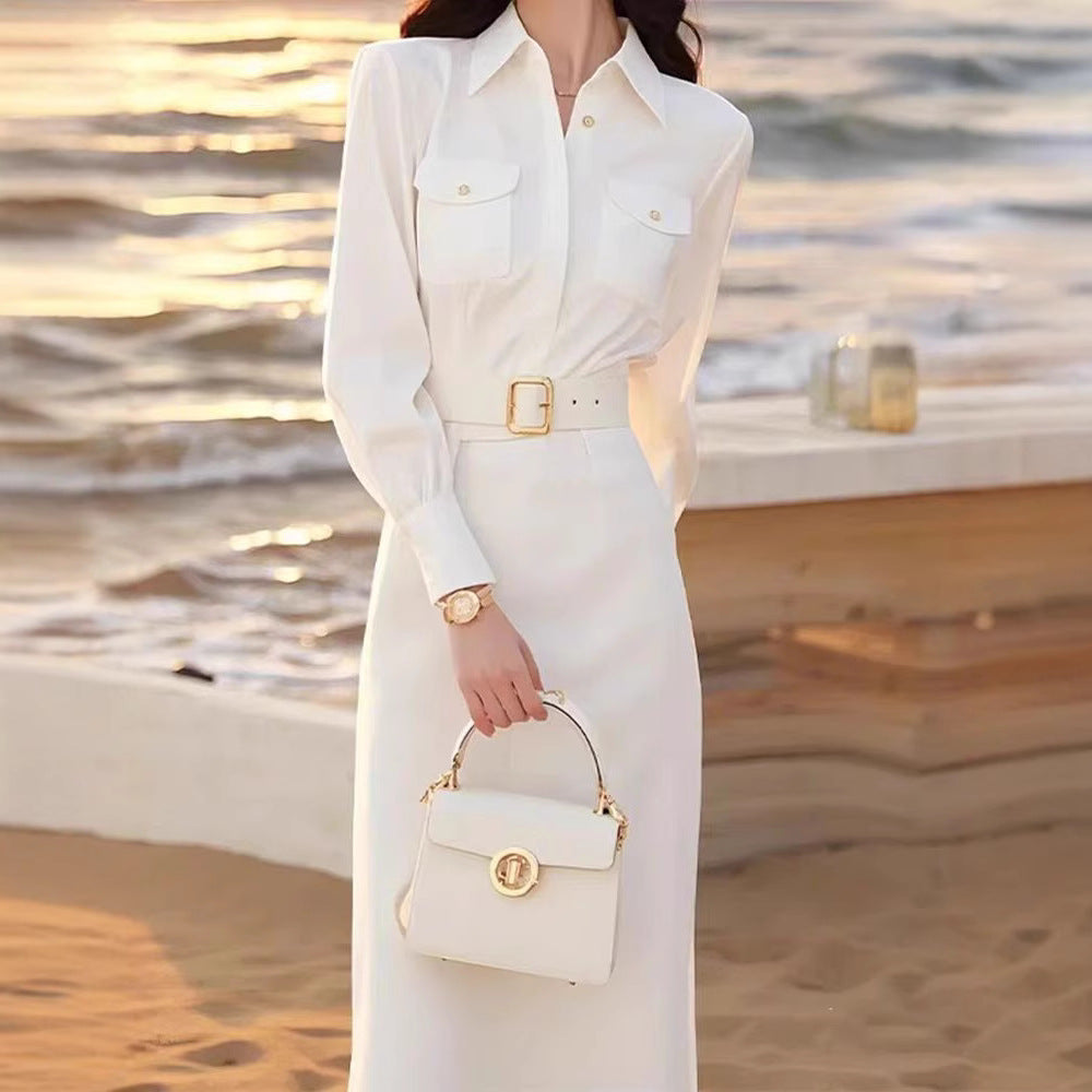 Spring French-style White Shirt Dress For Women