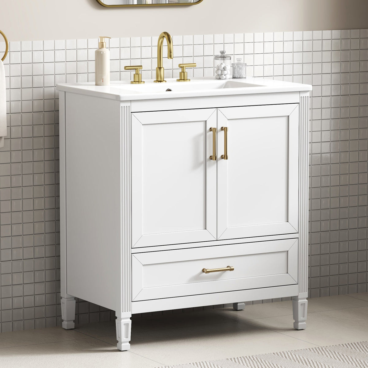 30" Elegant Fluted Bathroom Vanity with Ceramic Sink