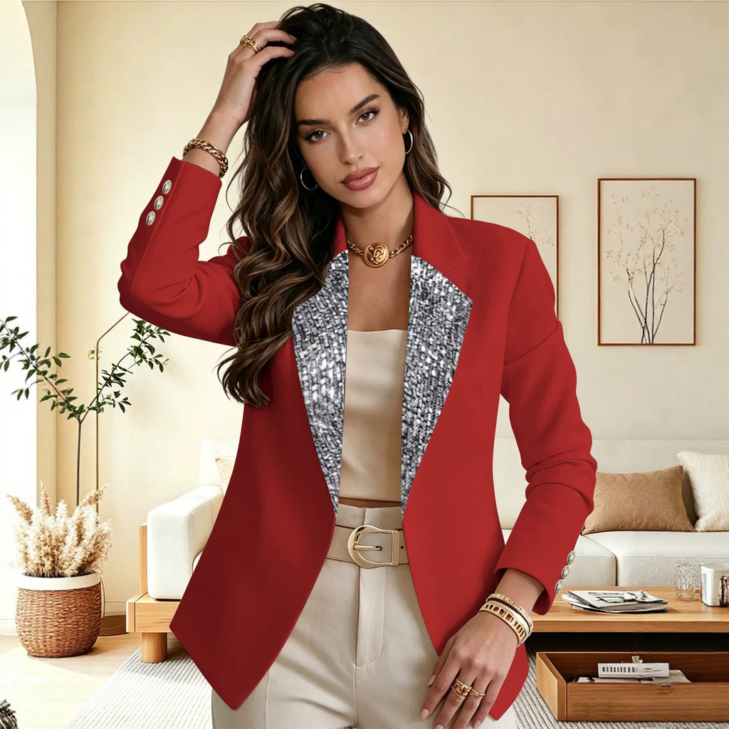 Womens Sequined Color-block Long-sleeve Blazer