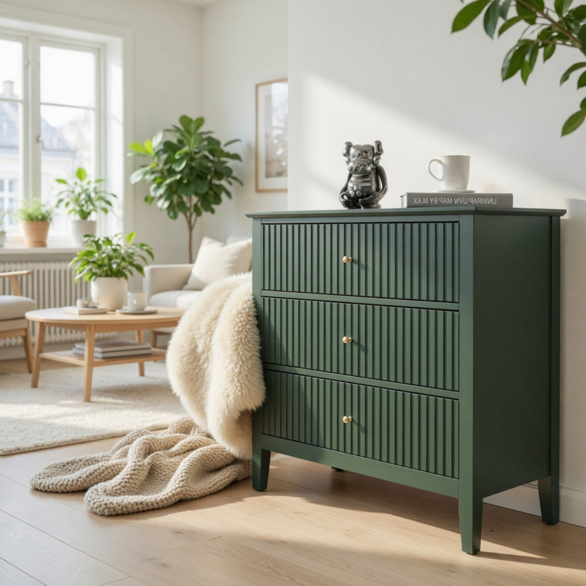 32" Wide Green Fluted 3-Drawer Nightstand