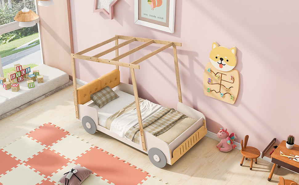 Wood Twin Size Car Bed with Pillow, Ceiling Cloth