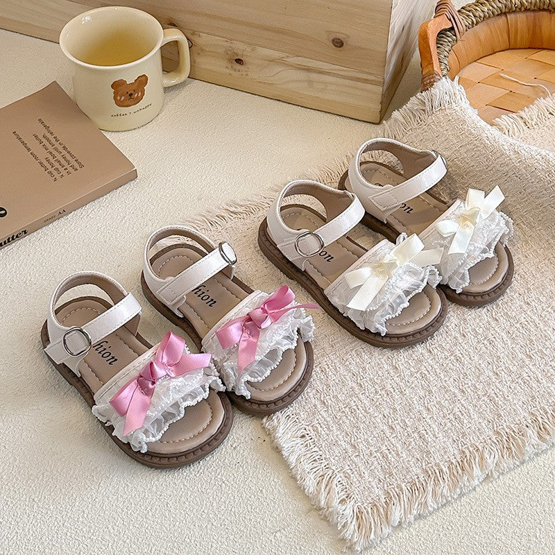 2026 Spring Summer Ins Kids Sandals, Korean Style Girls Flat Princess Shoes With Bow & Mesh Lace Trim
