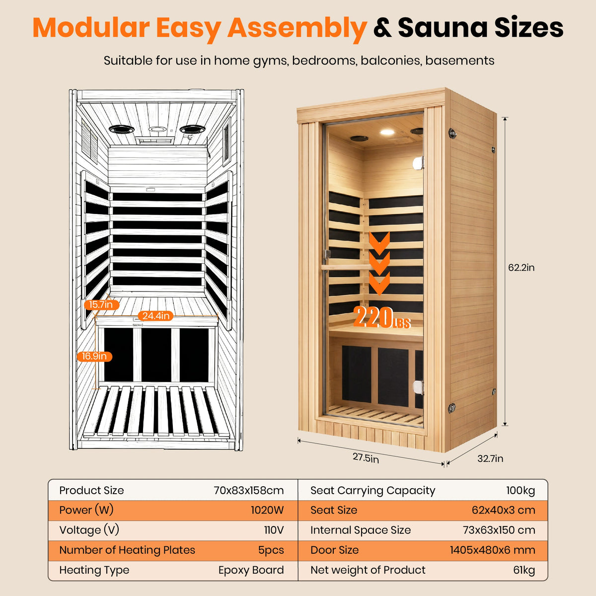 1020W Canadian Hemlock Single Mini Far Infrared Sauna Room