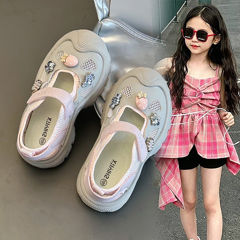 Trendy Brand Kids Mary Jane Sneakers, Hollow Out Heel Design, Hook-and-Loop Slip-On Breathable Mesh Shoes For Girls