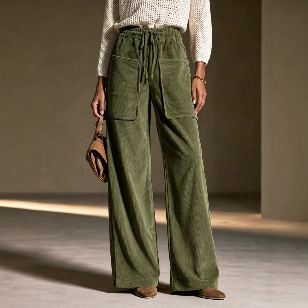 Women's High-waisted Drawstring Corduroy Wide-leg Pants