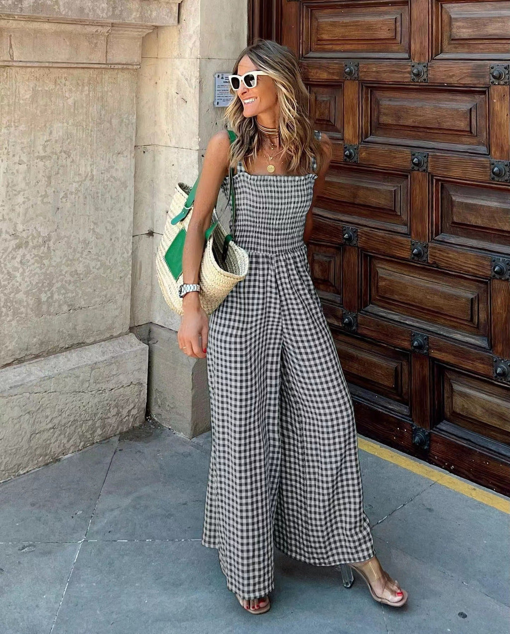Cross-Border Independent Station Amazon 2022 Summer Elegant Women's Pants Plaid Jumpsuit Mid-Waist Casual Pants