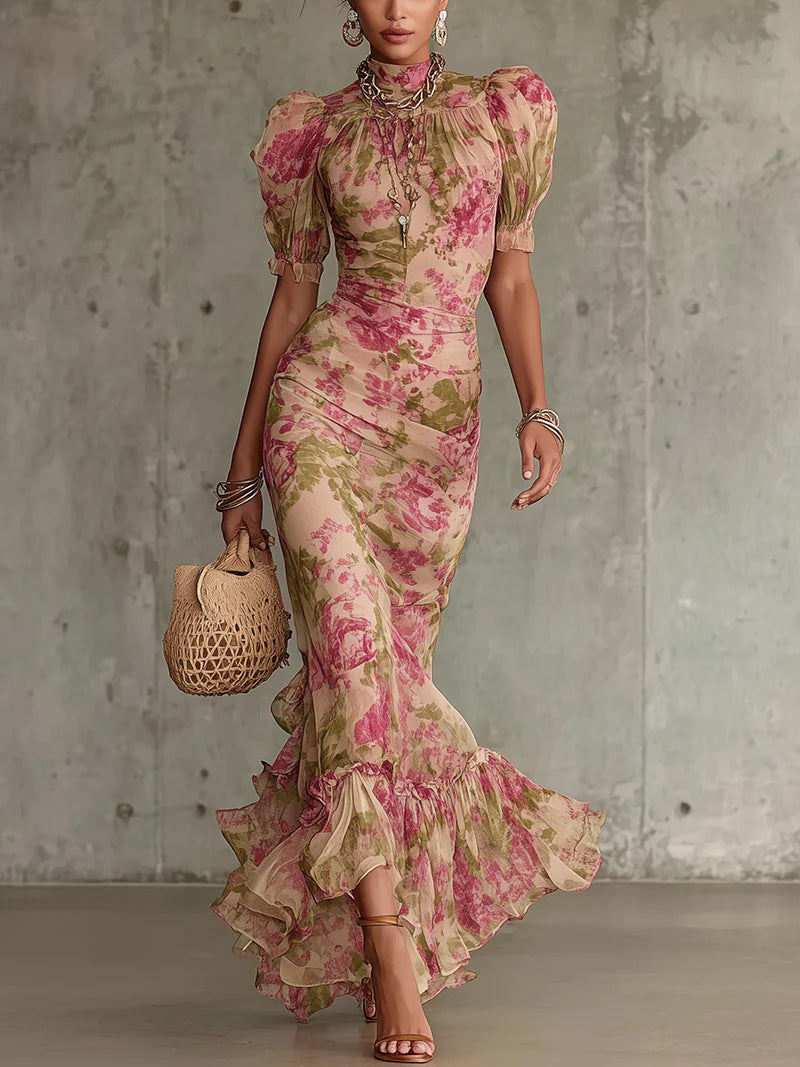 French-style Vintage Chiffon Dress, Summer High-neck Puff Sleeve, Waist-cinching, Slimming, Fishtail, Elegant, Ladylike, Vacation Long Dress