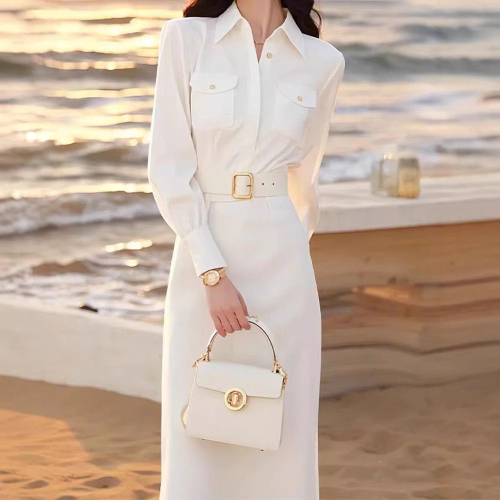 Spring French-style White Shirt Dress For Women
