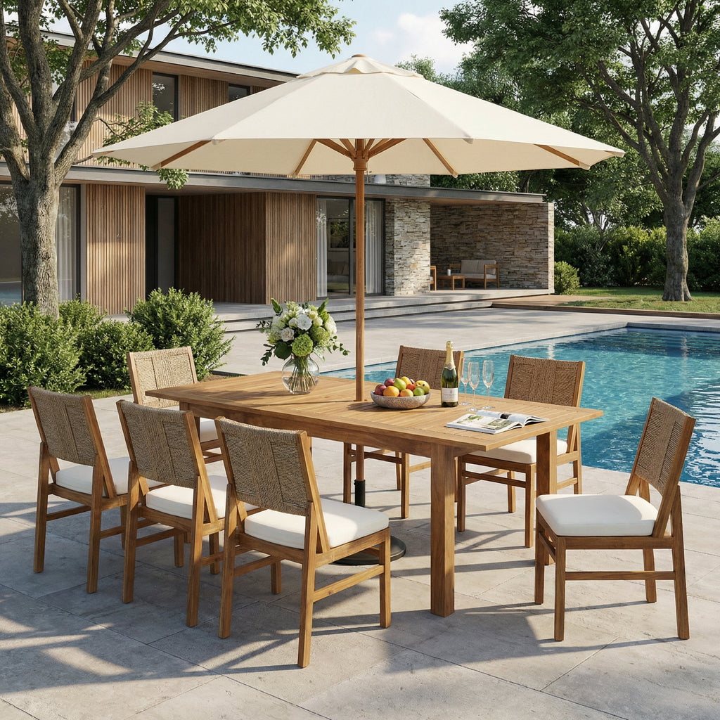 7-Piece Outdoor Acacia Wood Dining Set with Rope-Woven Armchairs