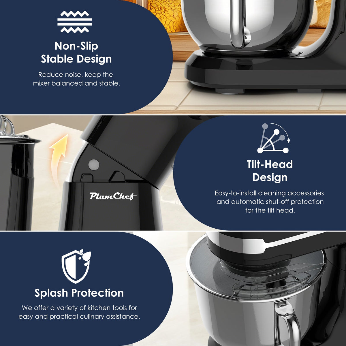 Plum Chef 5.5QT Electric Stand Mixer, 12-Speed Tilt-Head Food Mixer, Dough Mixer with Dishwasher Safe Stainless Steel Bowl, Dough Hook, Flat Beater, Whisk, Splash Guard
