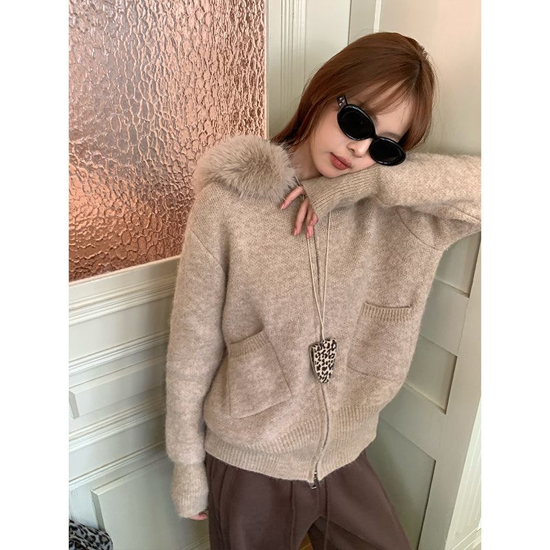 Fur Collar Hooded Knitted Coat For Women