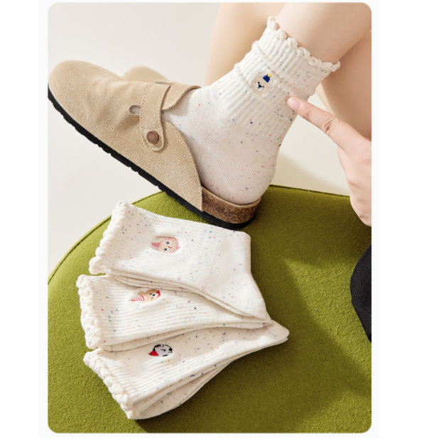 Embroidered Ruffle-ankle Socks For Women