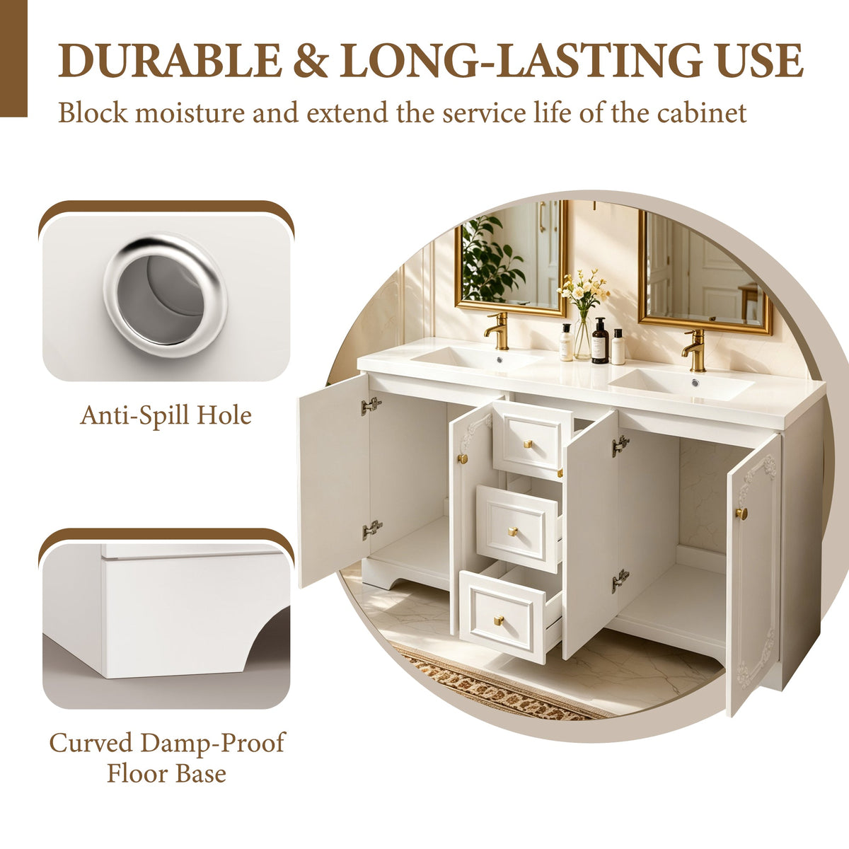 60" White French Bathroom Vanity