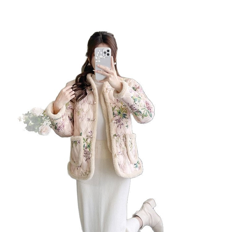 Womens Retro Frog-Button Floral Velvet-Lined Warm Cotton Padded Coat