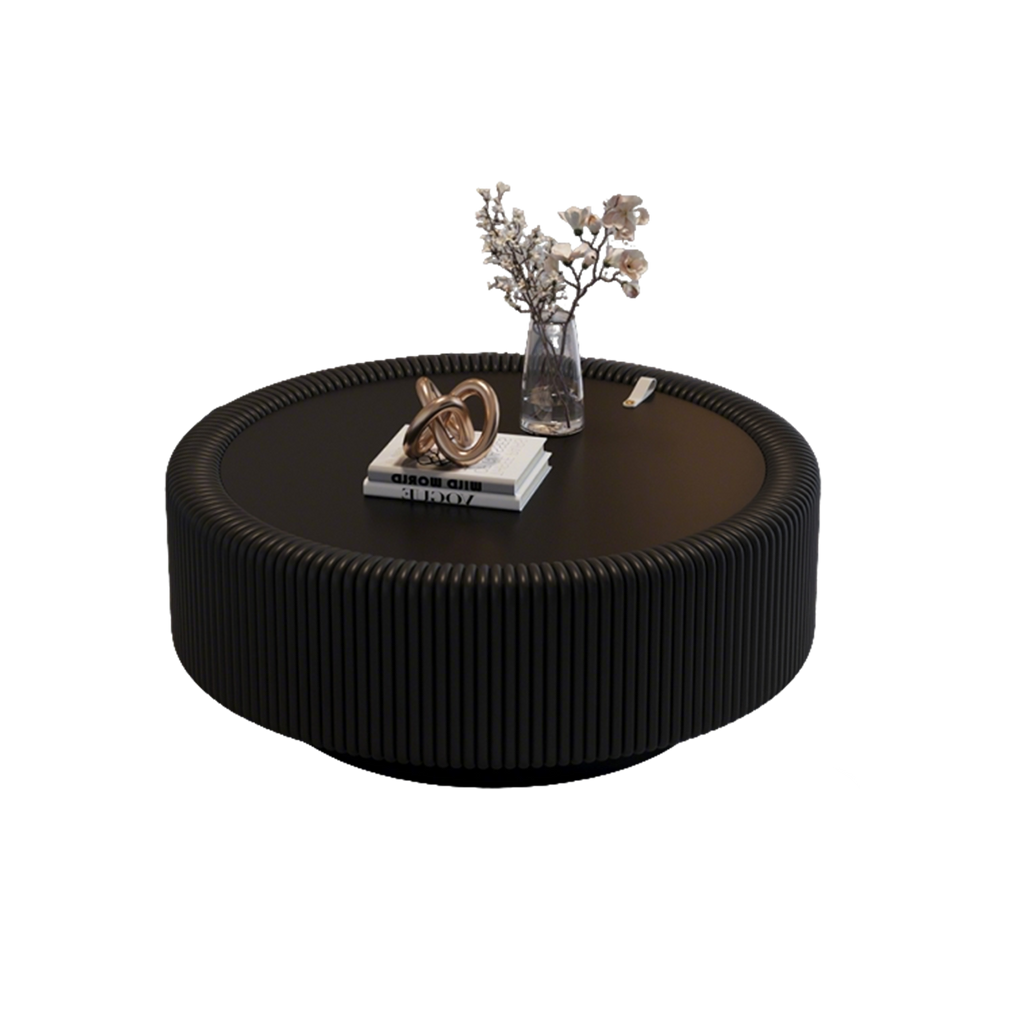 Black Round Fluted Coffee Table with Tempered Glass Top