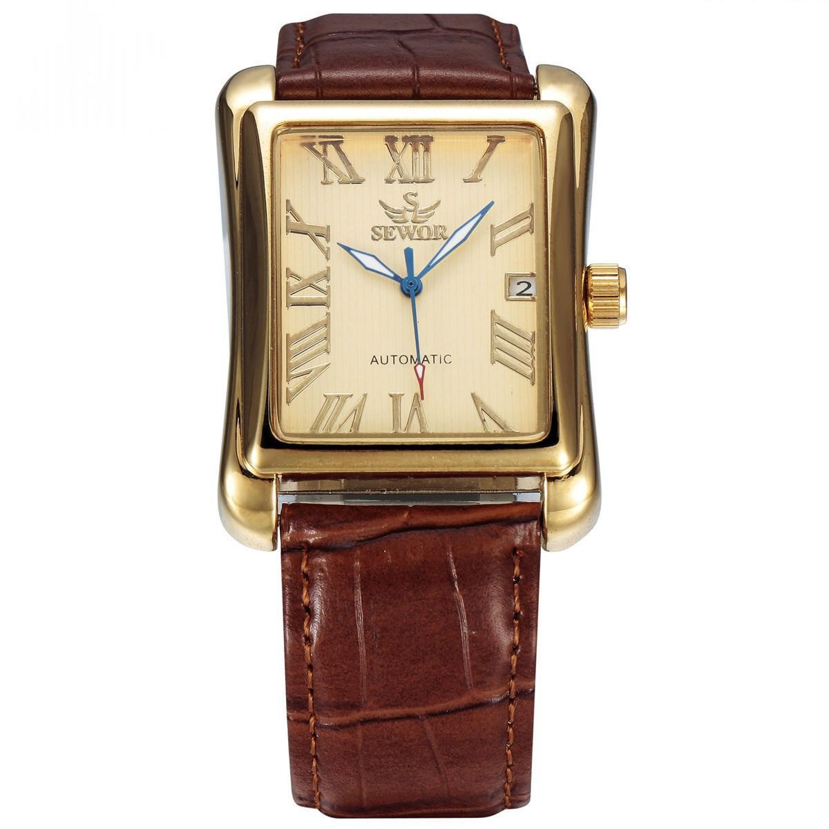 Mens Automatic Mechanical Square-case Leather-strapped Mens Watch Calendar Wristwatch