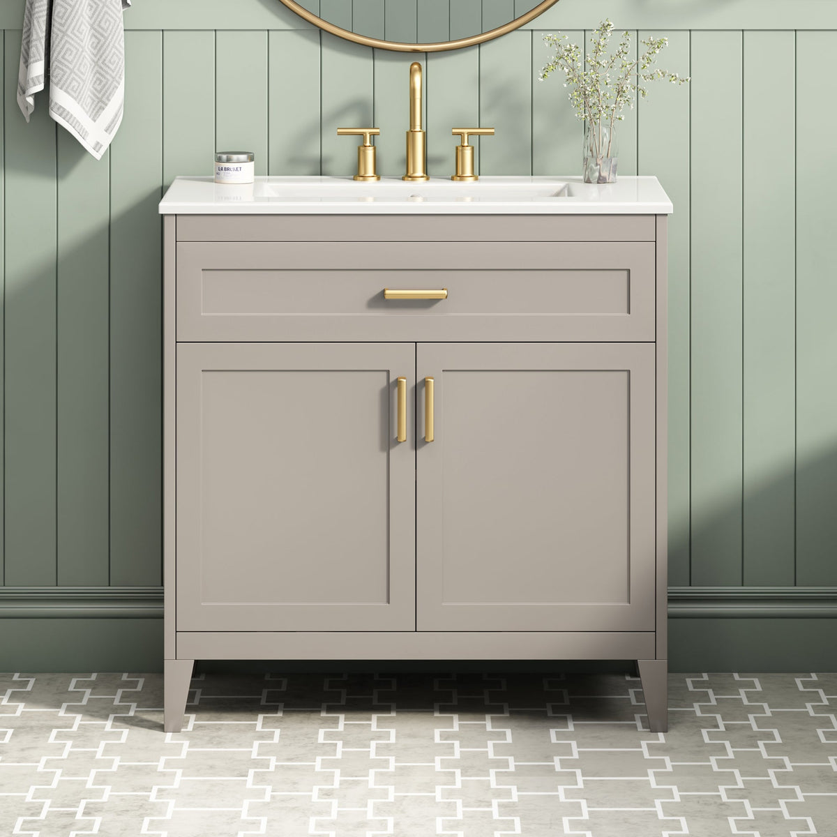 30" Bathroom Vanity with Ceramic Sink Top, Solid Wood Legs