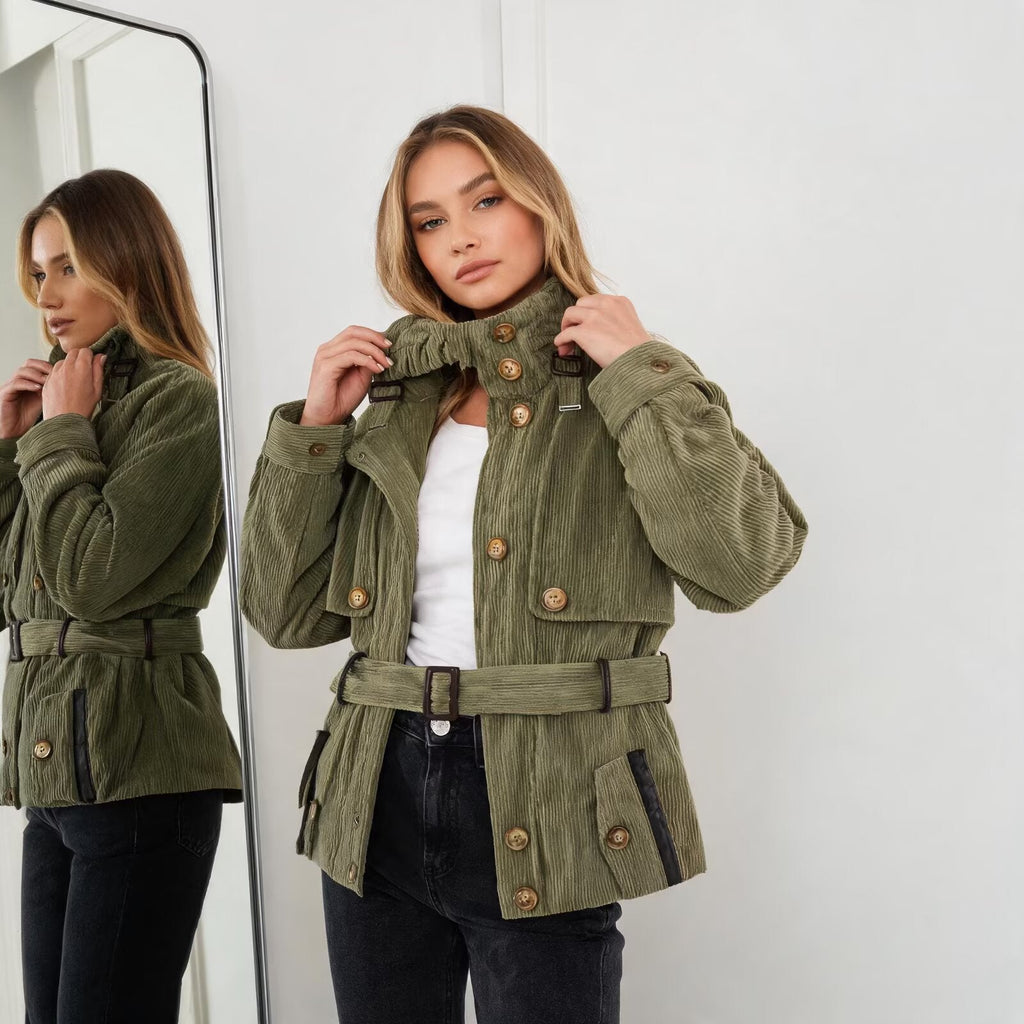 Womens Buttoned Belted Old-money-style Vintage Workwear Jacket