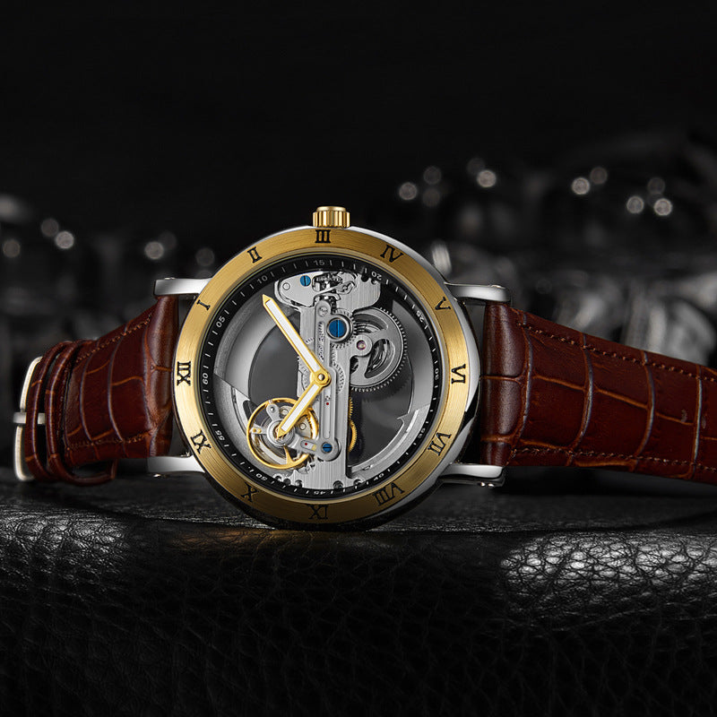 Wolishi Mens Mechanical Watch Leather Strap Waterproof Open-work Design