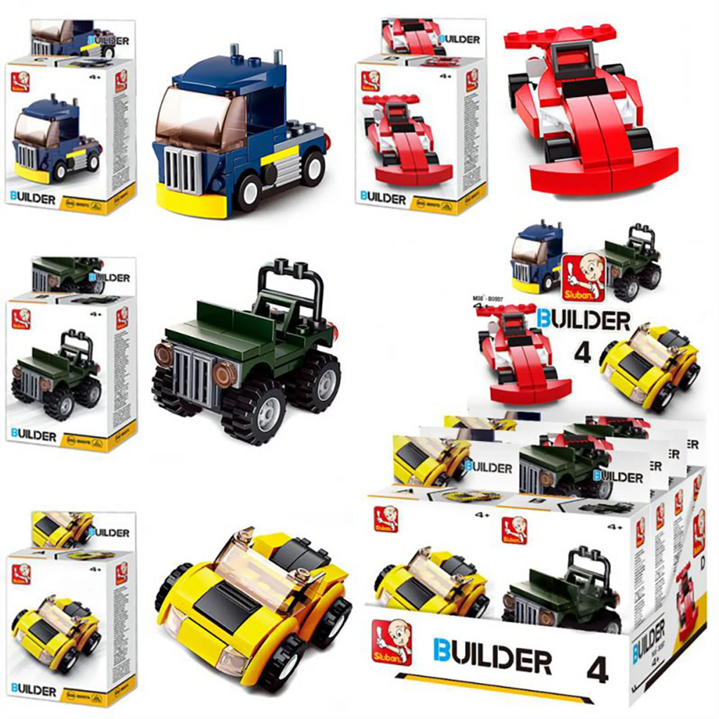 Builder Cars Building Brick Set — 8 Mini Vehicle Kits