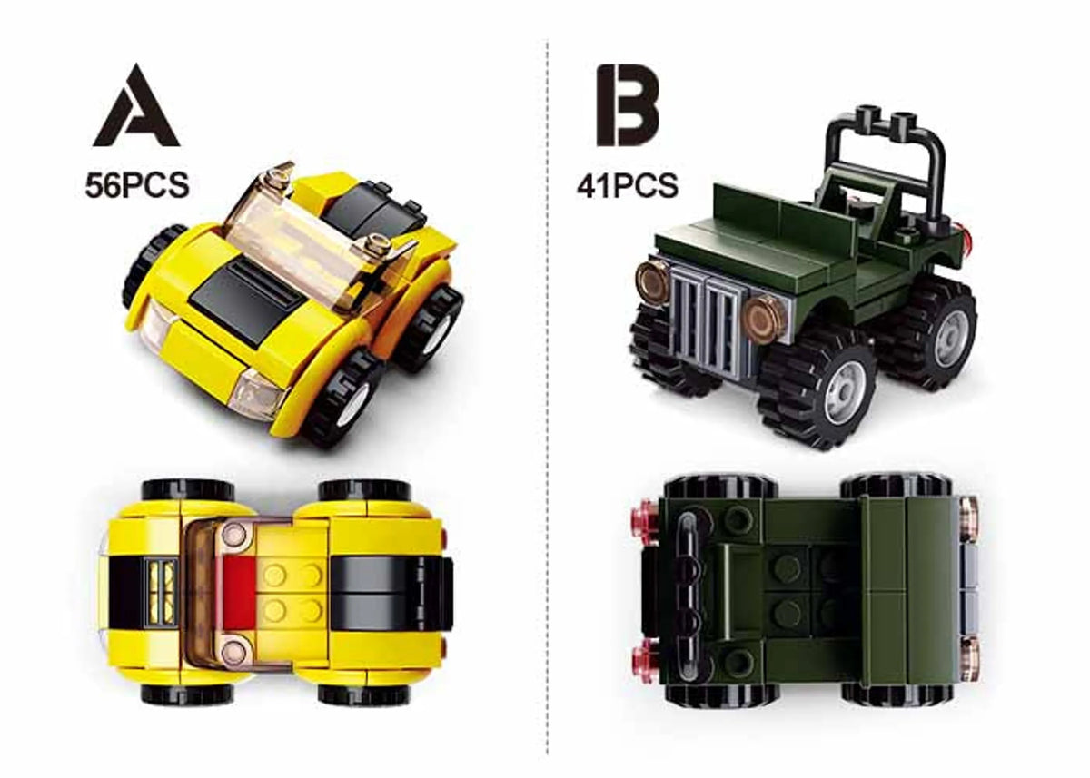 Builder Cars Building Brick Set — 8 Mini Vehicle Kits