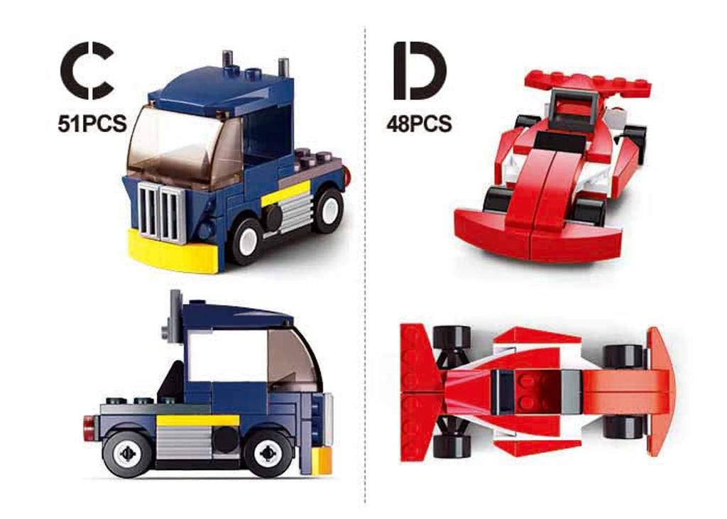 Builder Cars Building Brick Set — 8 Mini Vehicle Kits
