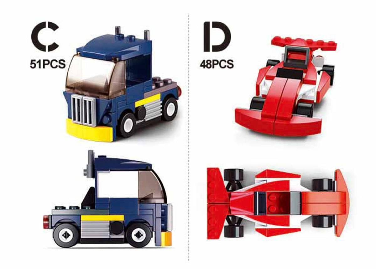 Builder Cars Building Brick Set — 8 Mini Vehicle Kits
