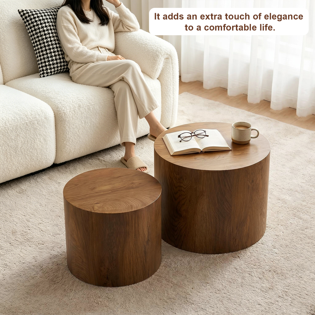 Nesting Coffee Table Set of 2 Round Wooden Coffee Tables
