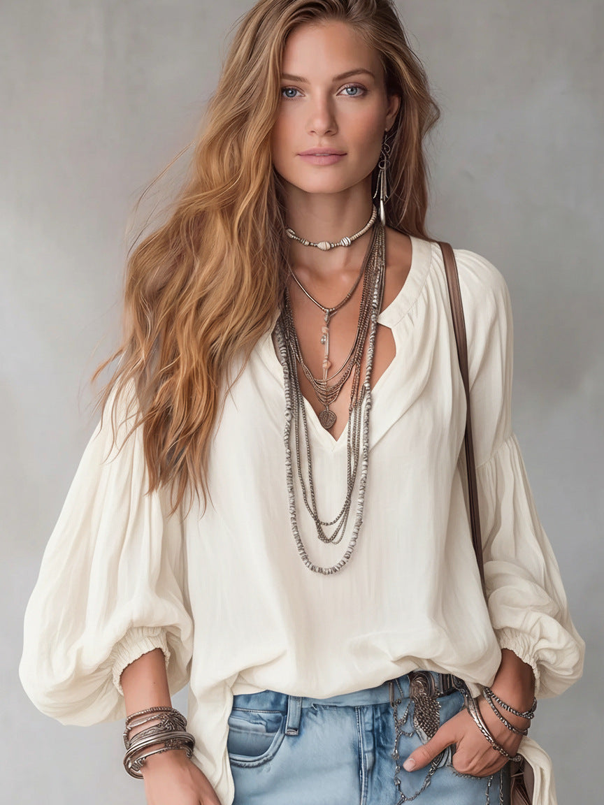 Women's Bohemian Style Simple Casual Loose Long Sleeve Blouse