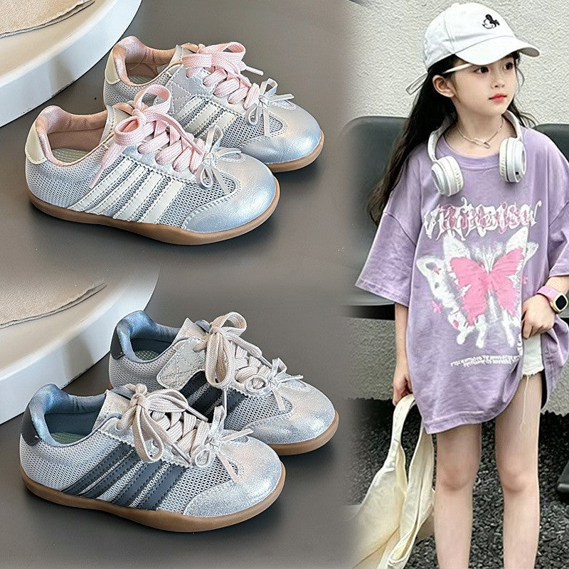2026 Spring New Girls German Trainers, Korean Style Bow Decor Stylish Genuine Leather Thin Sole Kids Casual Sneakers