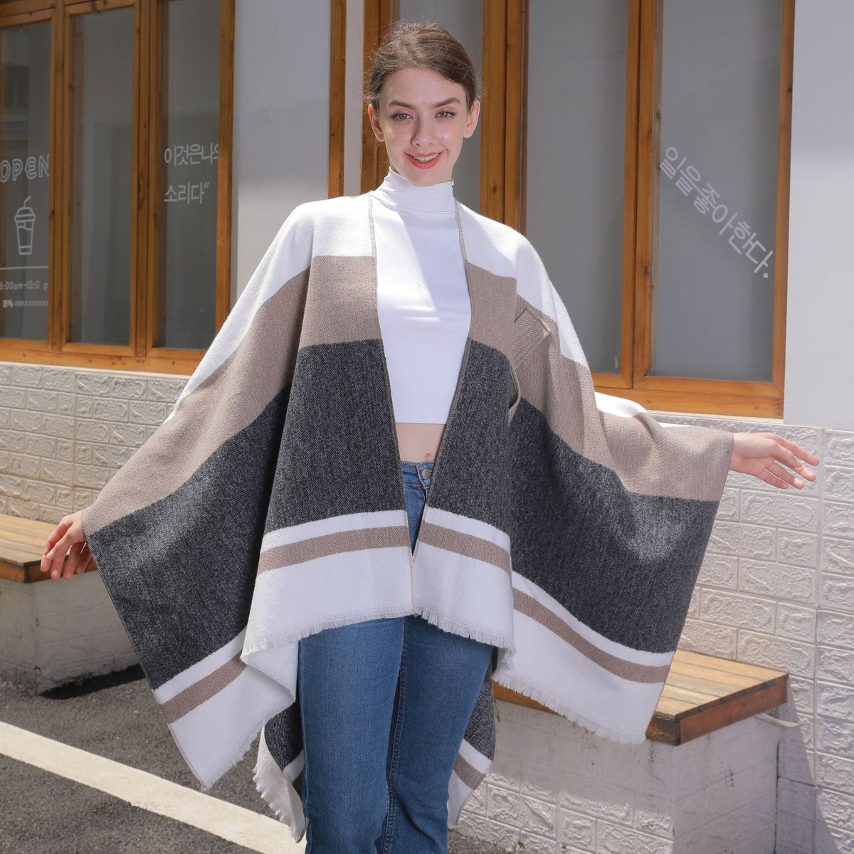 Womens Striped Tassel Cross-Strap Warm Cape Shawl