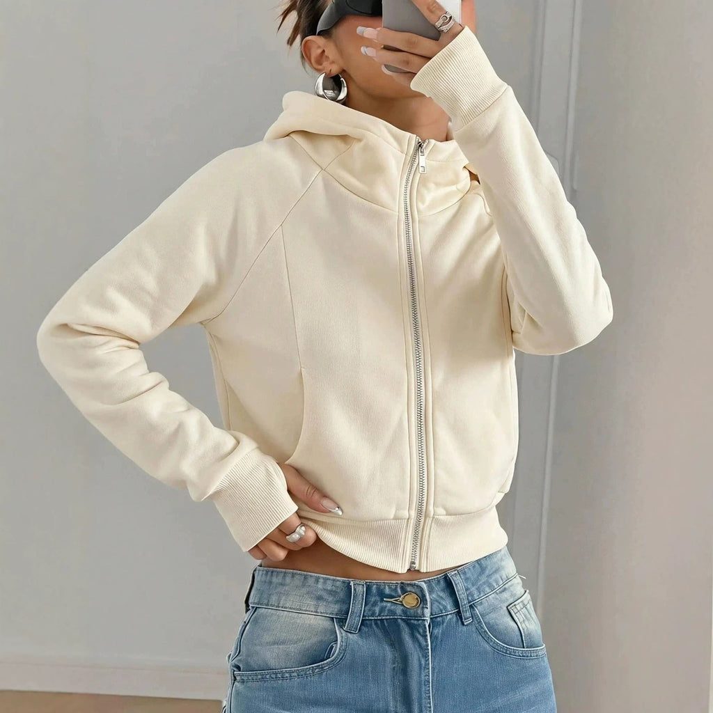 Solid-color Cropped Hooded Sweatshirt For Women