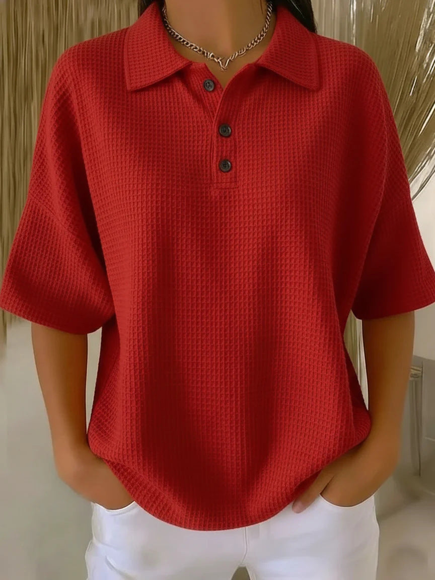 Cross-Border  Foreign Trade Fashion Waffle Short-Sleeved T-Shirt Solid Color Button T-Shirt Polo Collar Pullover Loose Top